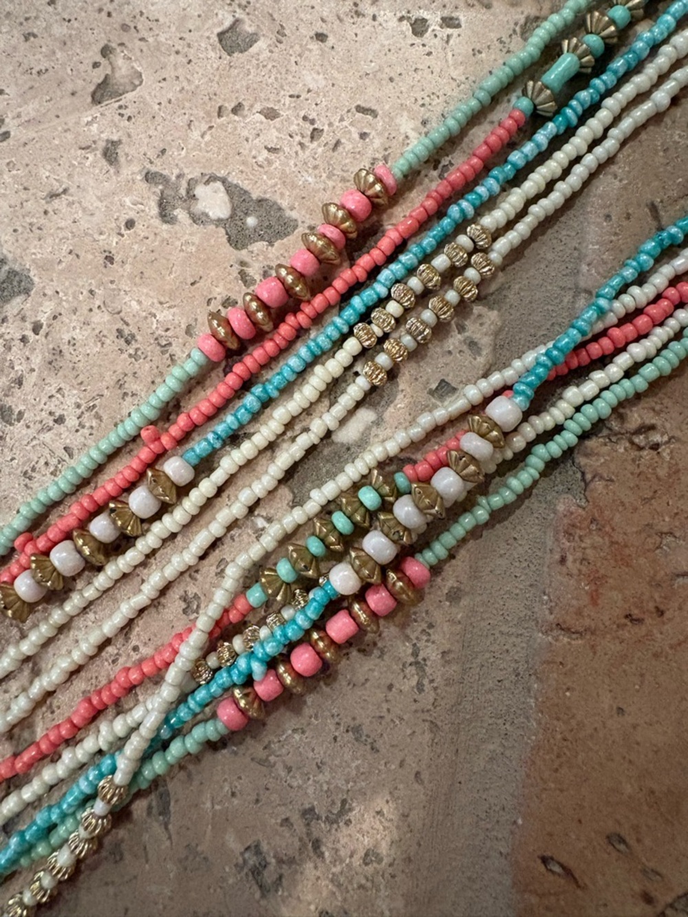 Multi-Strand Pastel Seed Bead Necklace with Gold Accents - Santa Fe New Mexico - Picture 2 of 6